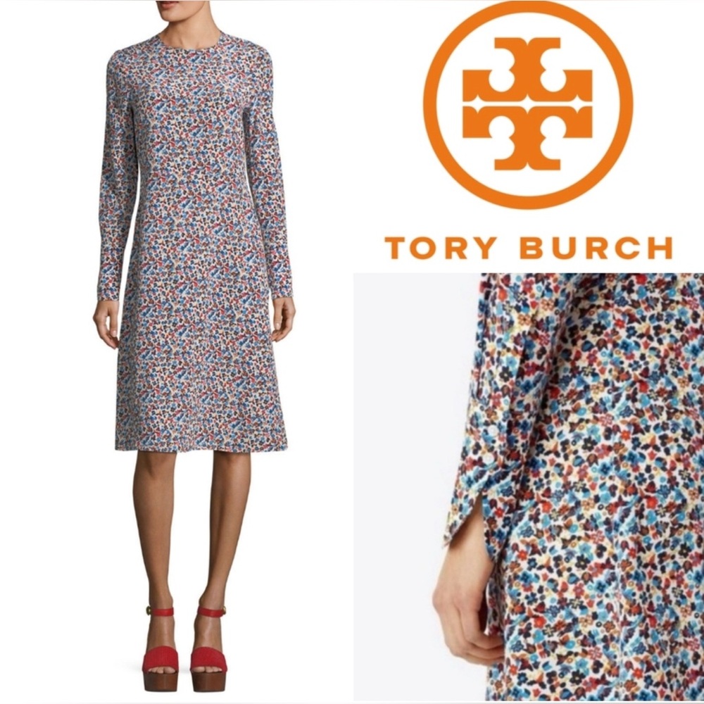 Tory Burch Charlotte Wildflower Dress 100% Silk Size Size 4 Midi Long Sleeve